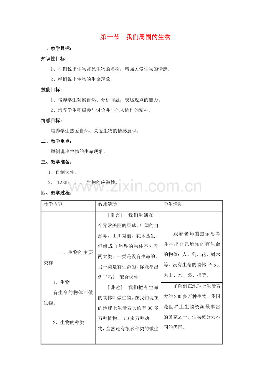 七年级生物上册 第一单元 第一章 第1节《我们周围的生物》教案 （新版）苏教版-（新版）苏教版初中七年级上册生物教案.doc_第1页