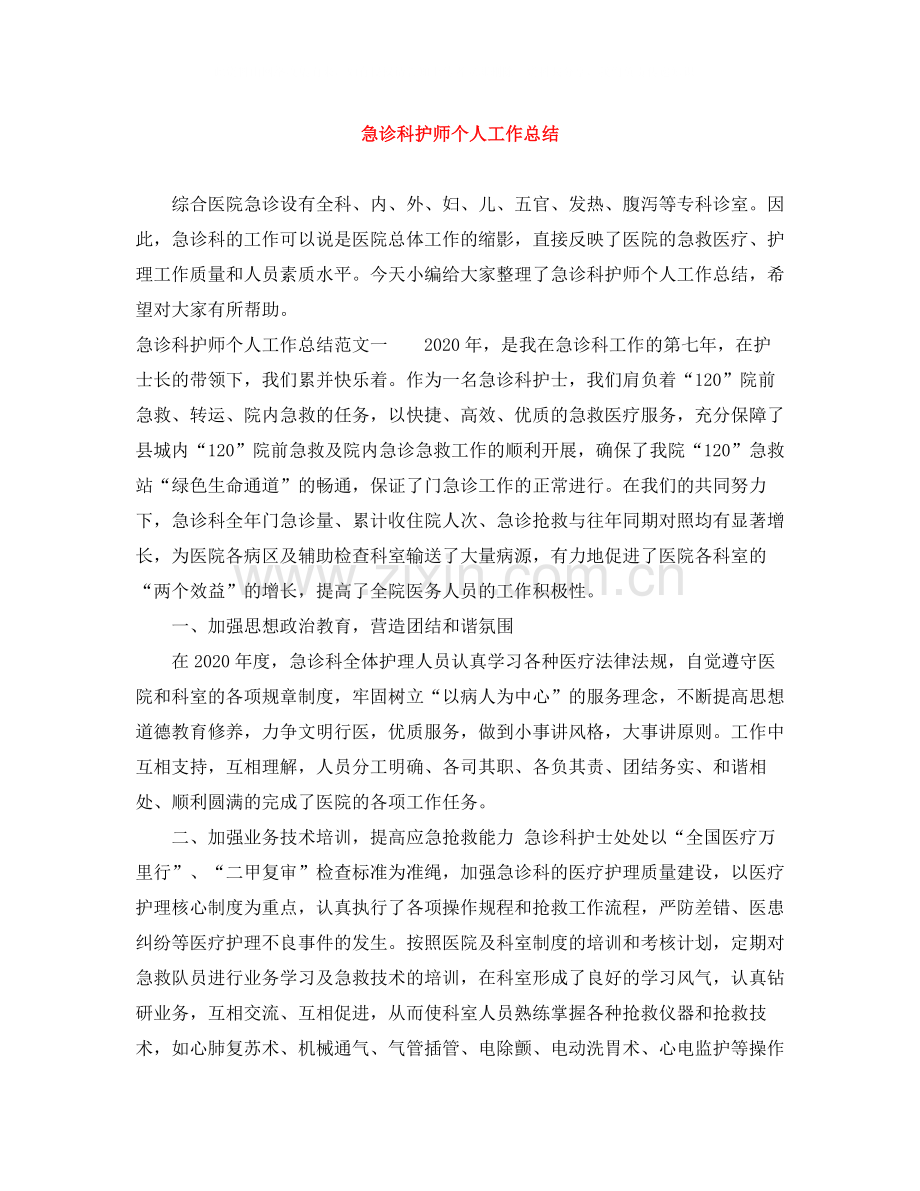 急诊科护师个人工作总结.docx_第1页