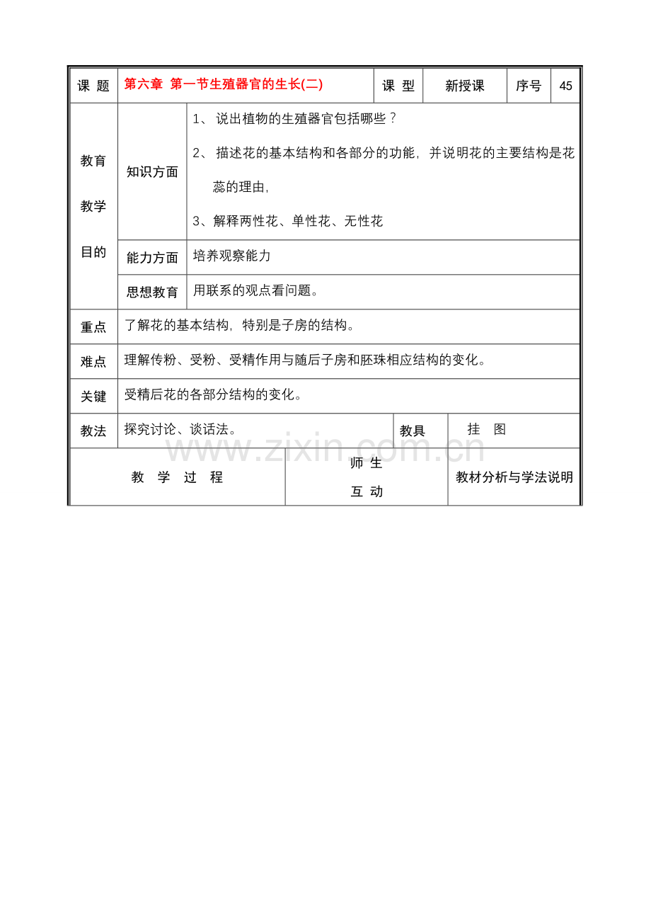 七年级生物上册 第六章 第三节生殖器官的生长(二)教案 北师大版.doc_第1页