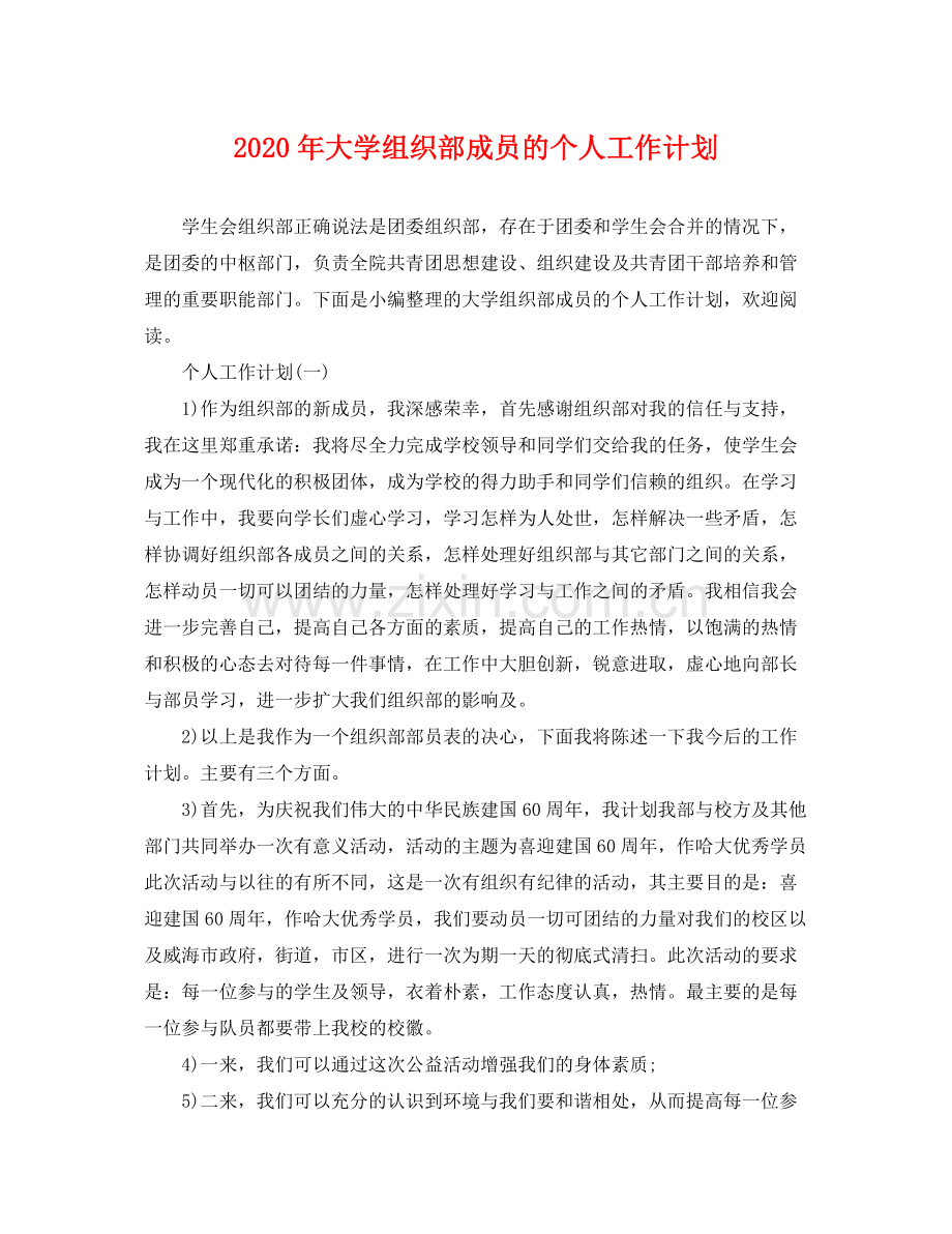 2020年大学组织部成员的个人工作计划.docx_第1页