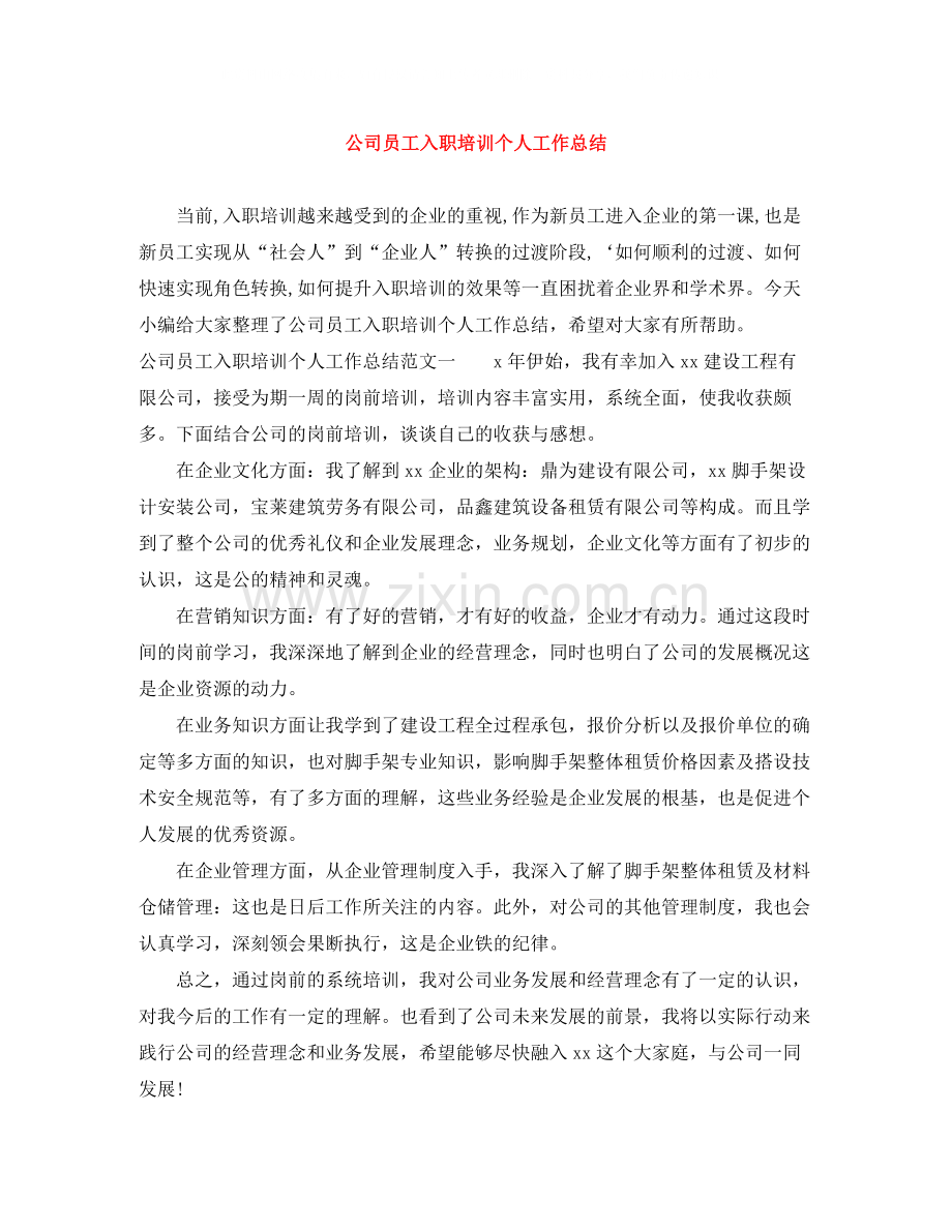 公司员工入职培训个人工作总结.docx_第1页