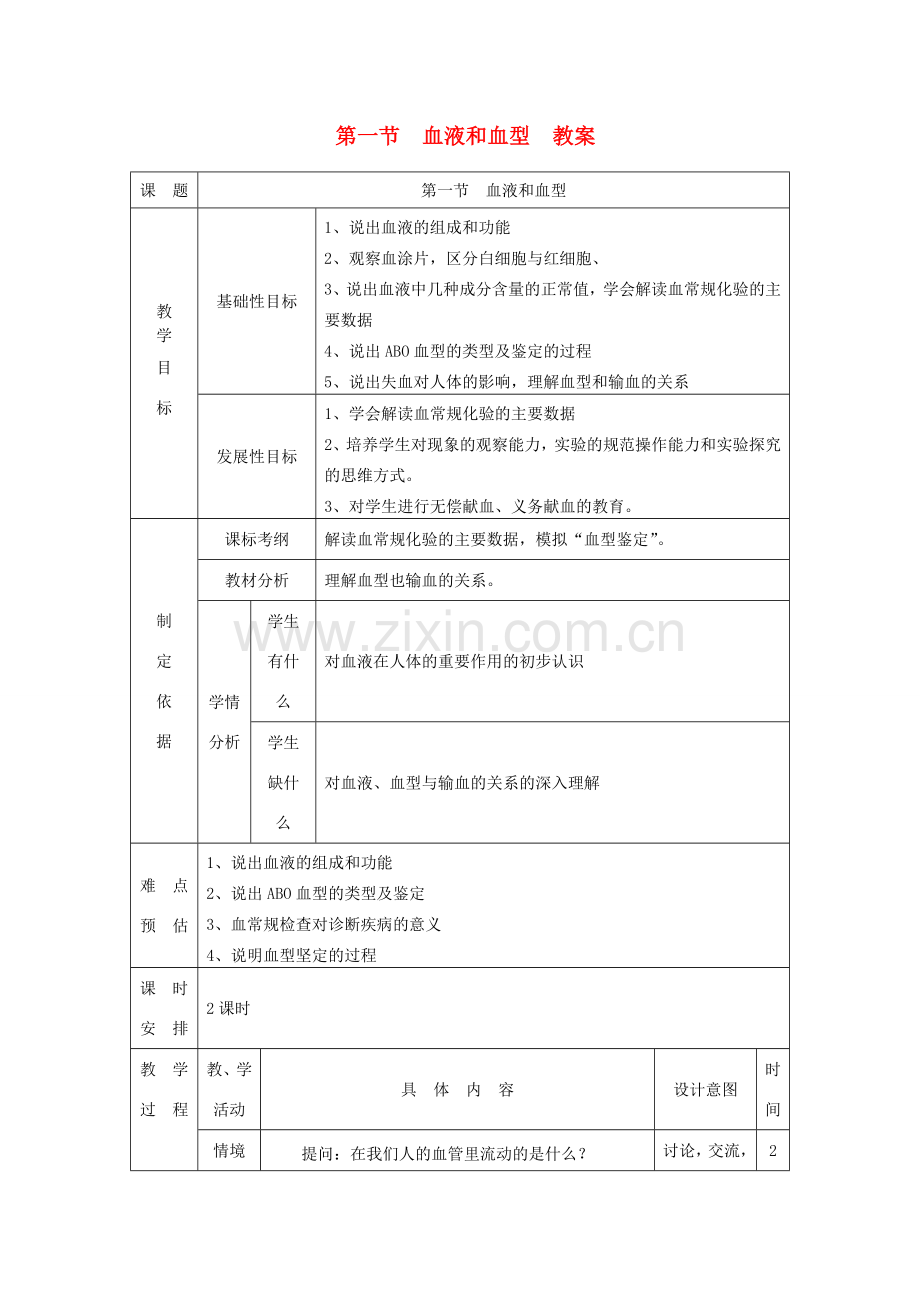 七年级生物下册 第4单元 生物圈中的人 第一节 血液和血型名师教案2 苏教版.doc_第1页