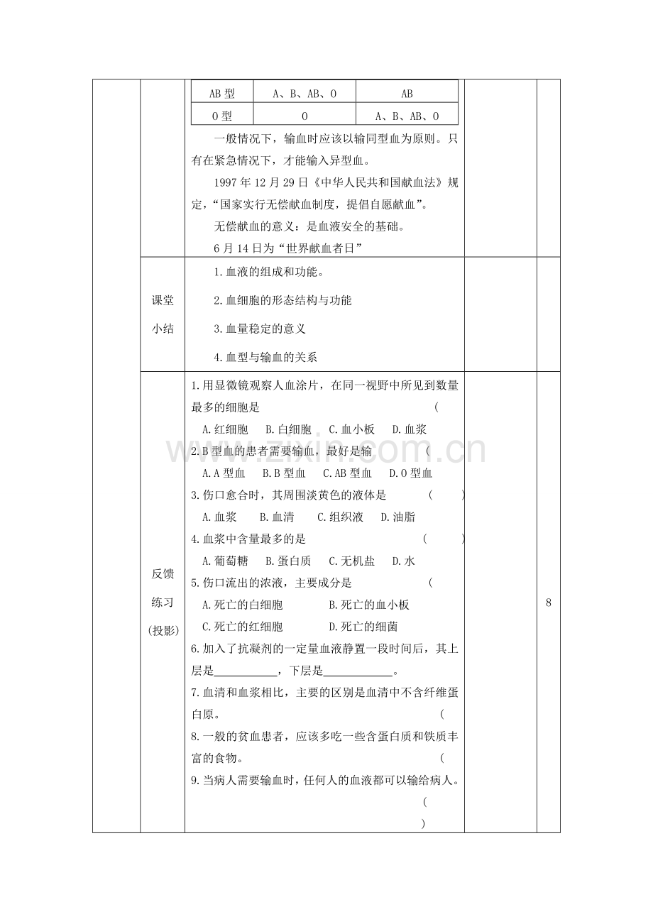 七年级生物下册 第4单元 生物圈中的人 第一节 血液和血型名师教案2 苏教版.doc_第3页