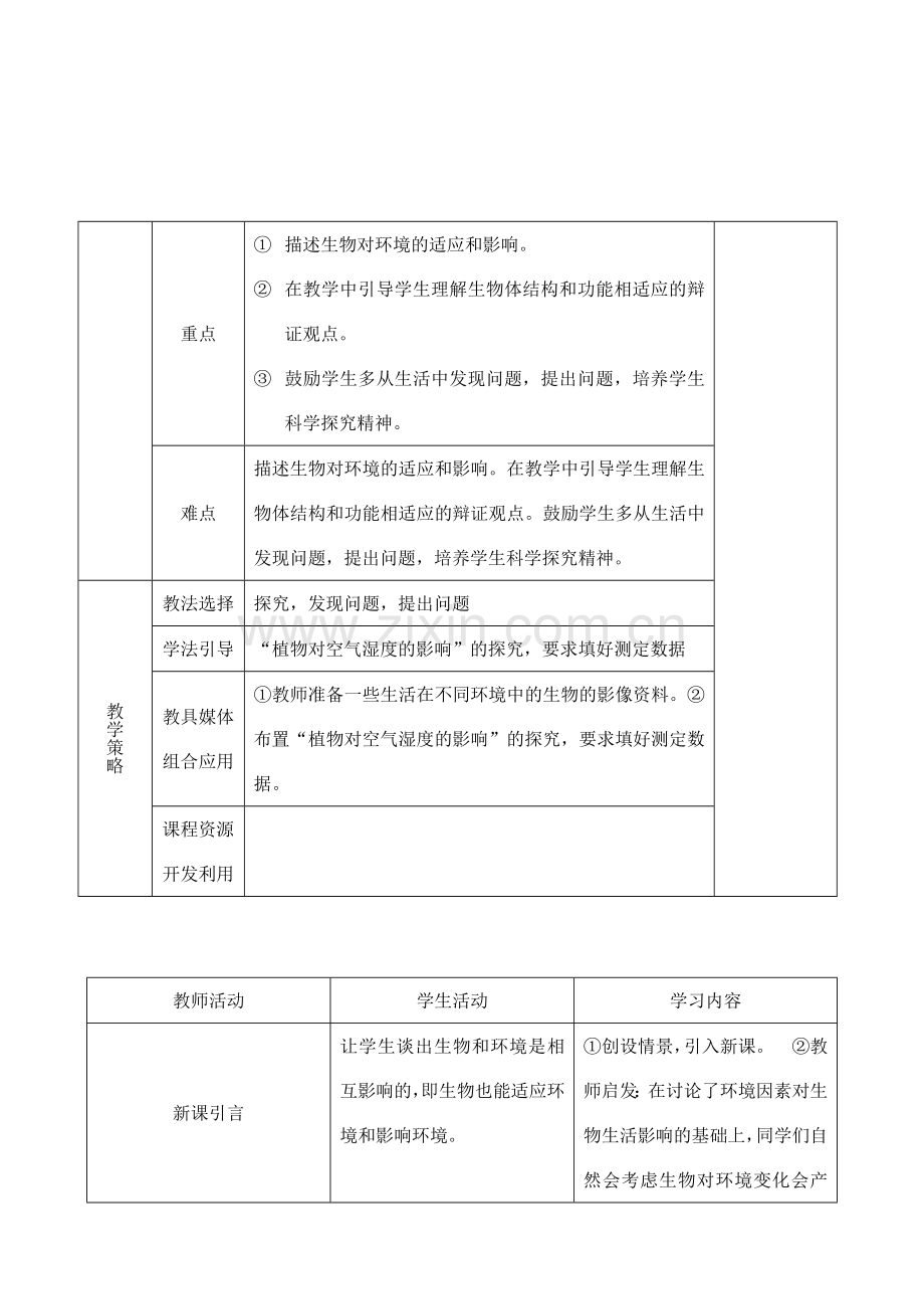 七年级生物上册 1.2.3生物对环境的适应和影响教学设计 人教版.doc_第2页