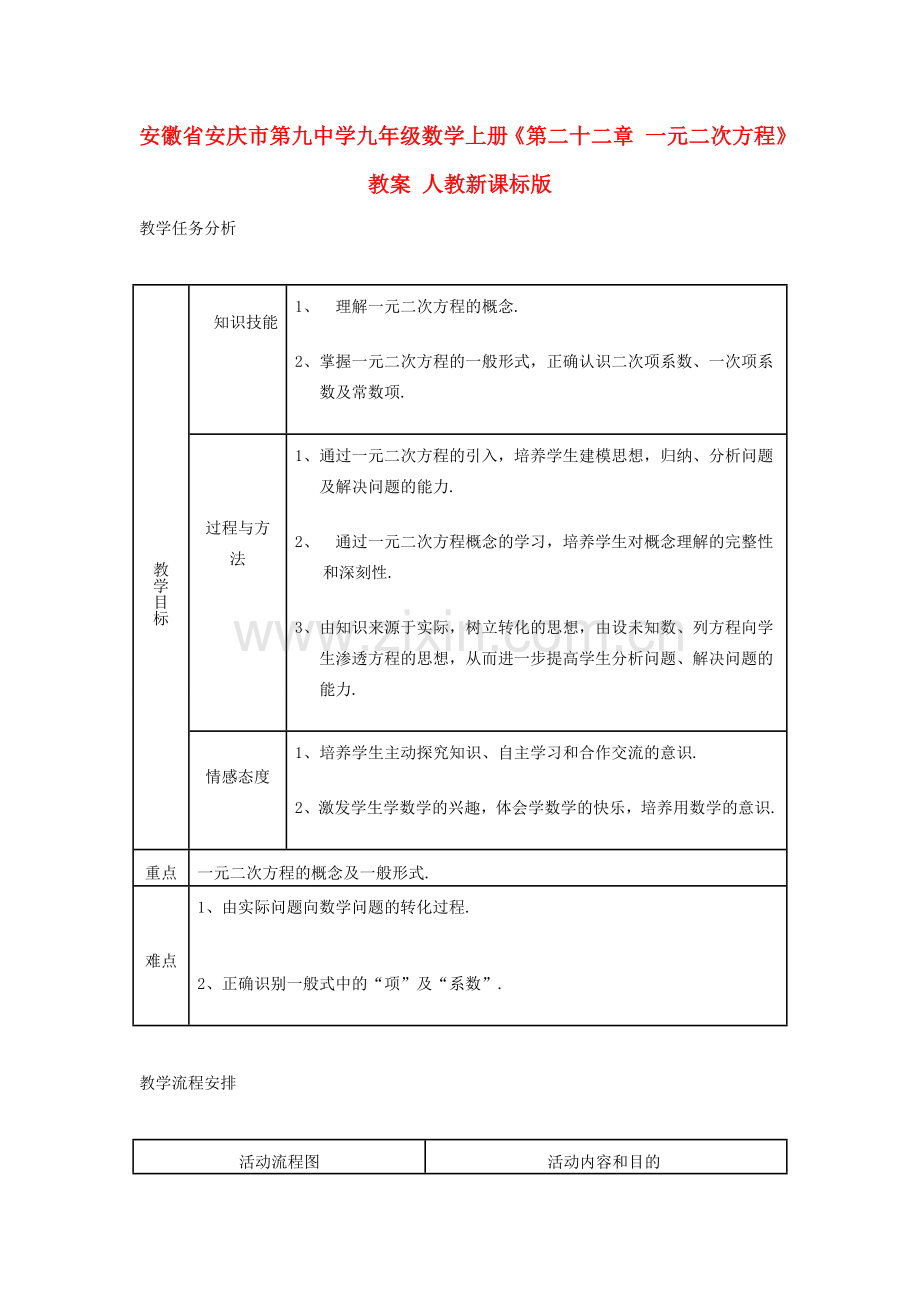 安徽省安庆市第九中学九年级数学上册《第二十二章 一元二次方程》教案 人教新课标版.doc_第1页