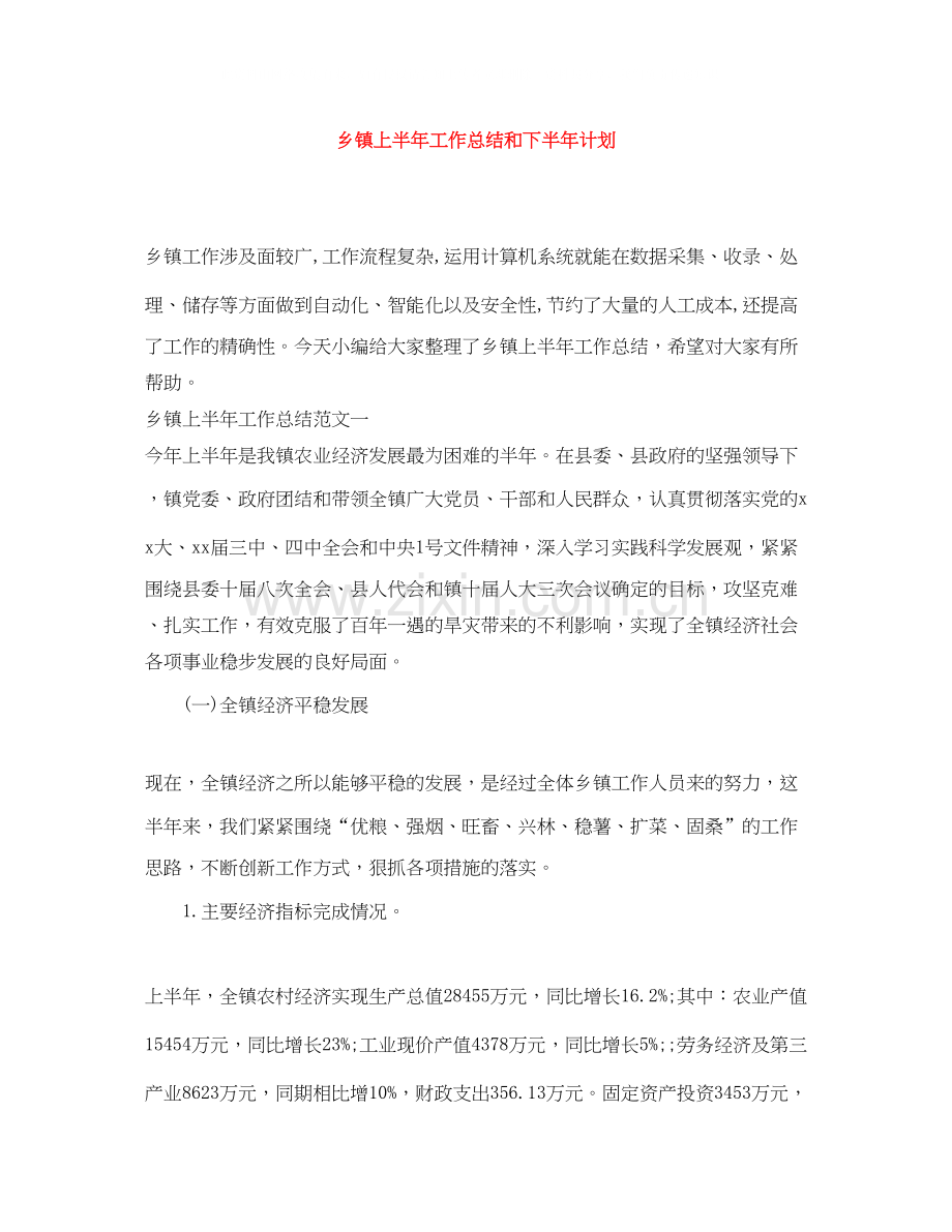 乡镇上半年工作总结和下半年计划.docx_第1页