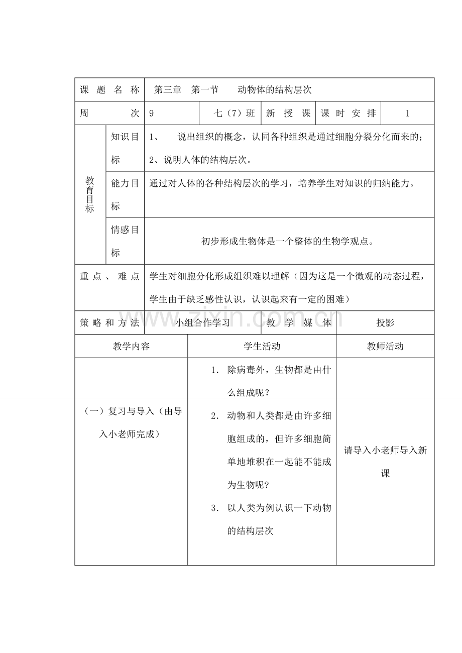 七年级生物上册 2.2.2动物体的结构层次教案2 （新版）新人教版-（新版）新人教版初中七年级上册生物教案.doc_第2页