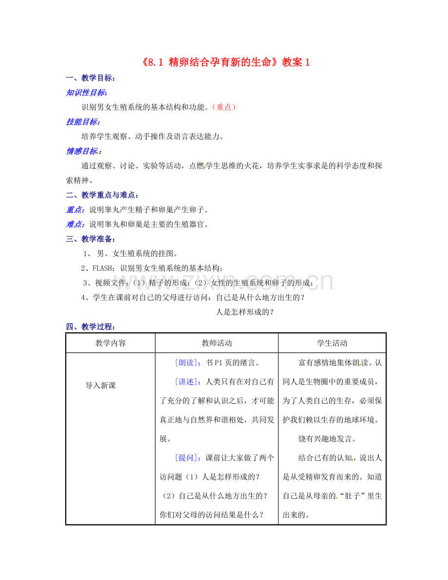 江苏省东台市唐洋镇中学七年级生物下册《8.1 精卵结合孕育新的生命》教案1 苏教版.doc_第1页