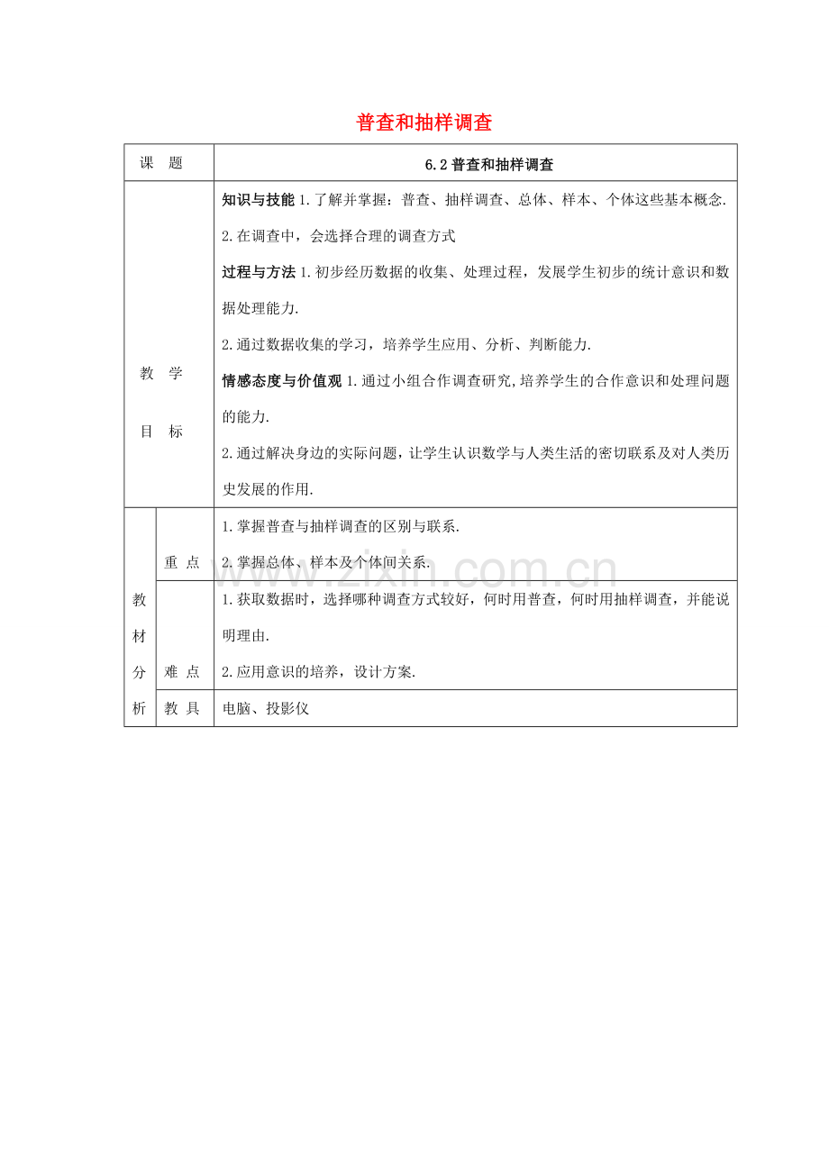 -七年级数学上册 6.2 普查和抽样调查教案 （新版）北师大版-（新版）北师大版初中七年级上册数学教案.doc_第1页