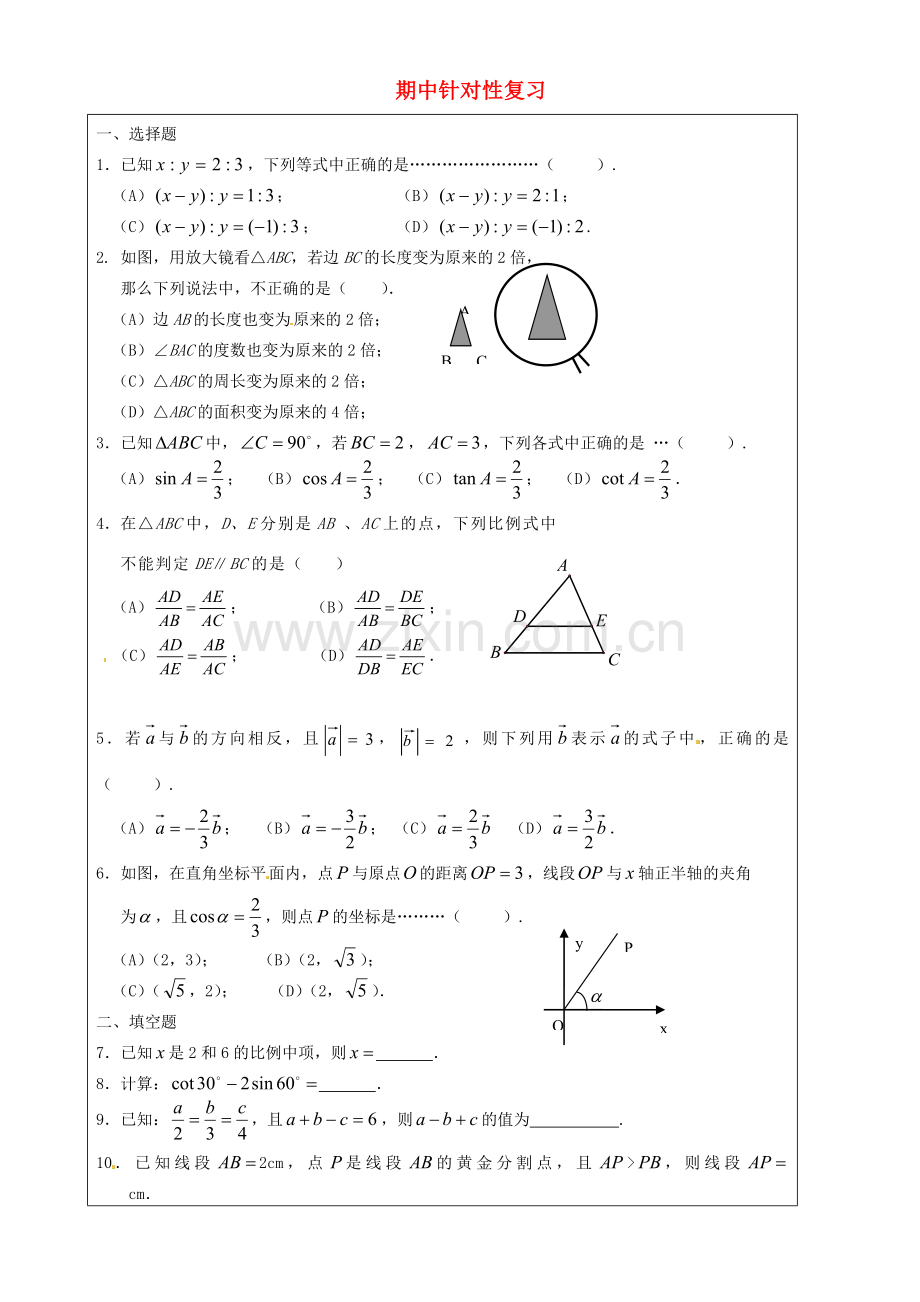 上海市罗泾中学九年级数学上册 期中针对性复习1 沪教版五四制.doc_第1页