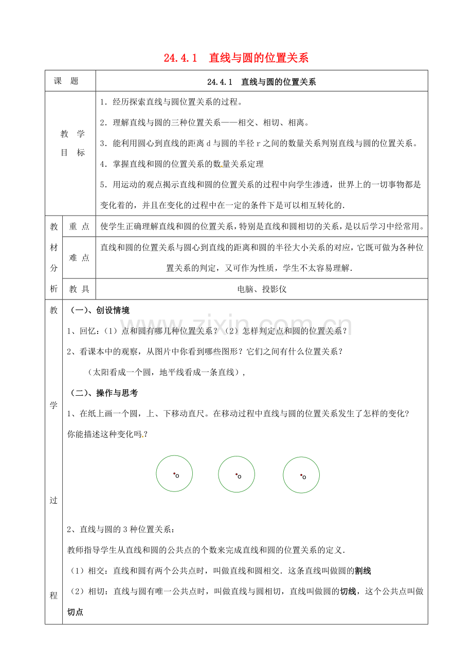 上海市金山区山阳镇九年级数学下册 24.4 直线与圆的位置关系 24.4.1 直线与圆的位置关系教案 （新版）沪科版-（新版）沪科版初中九年级下册数学教案.doc_第1页