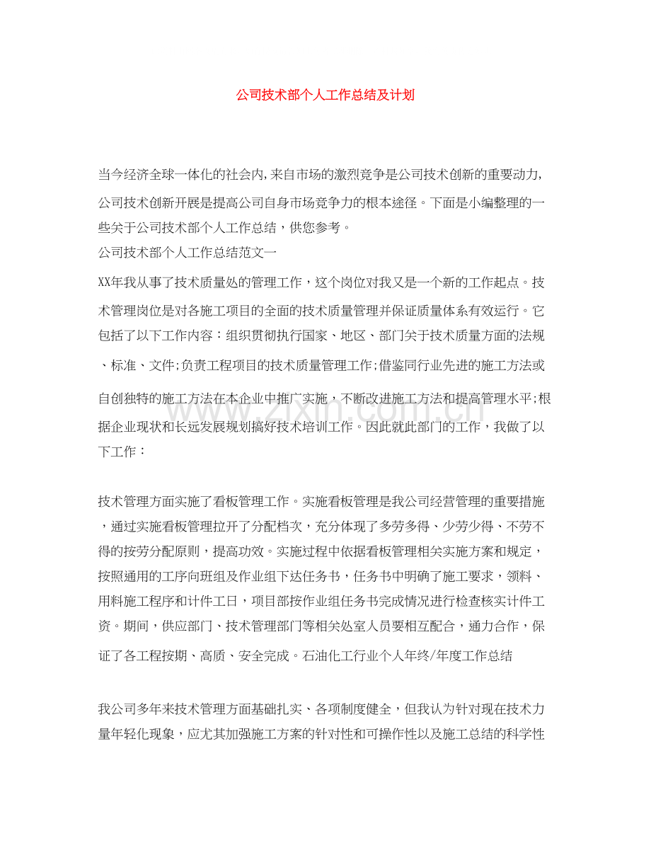 公司技术部个人工作总结及计划.docx_第1页