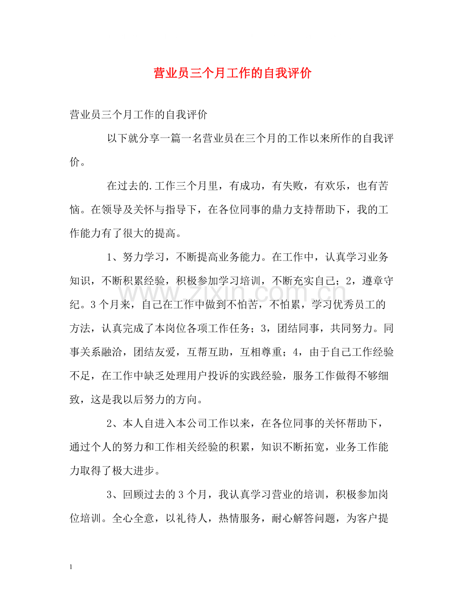 营业员三个月工作的自我评价.docx_第1页