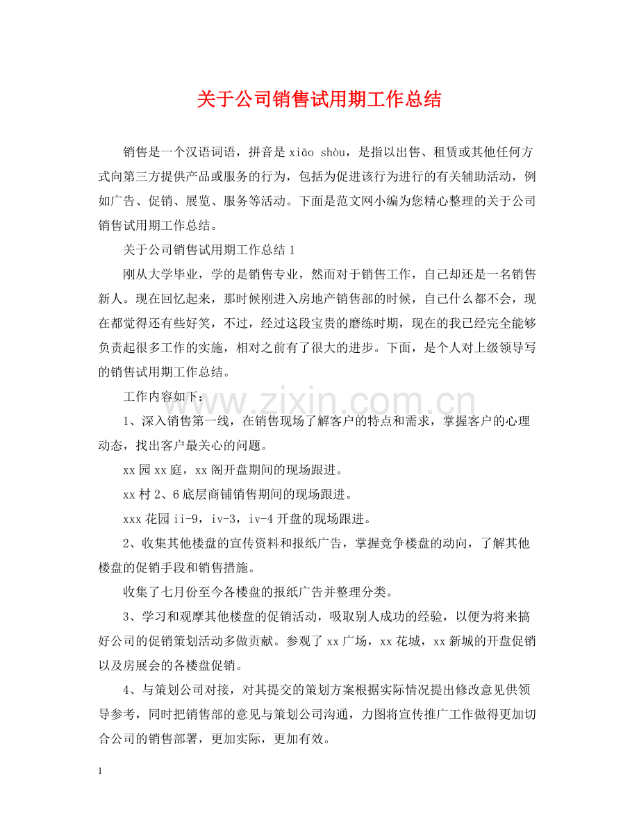 关于公司销售试用期工作总结.docx_第1页