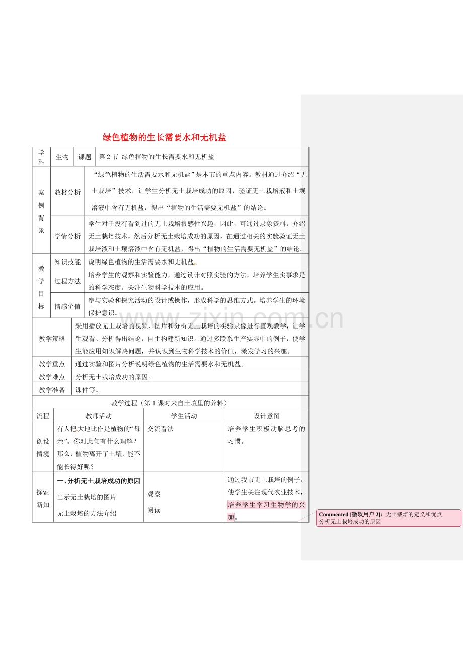 七年级生物上册 3.4.2 绿色植物的生长需要水分和无机盐教案 （新版）苏科版-（新版）苏科版初中七年级上册生物教案.doc_第1页