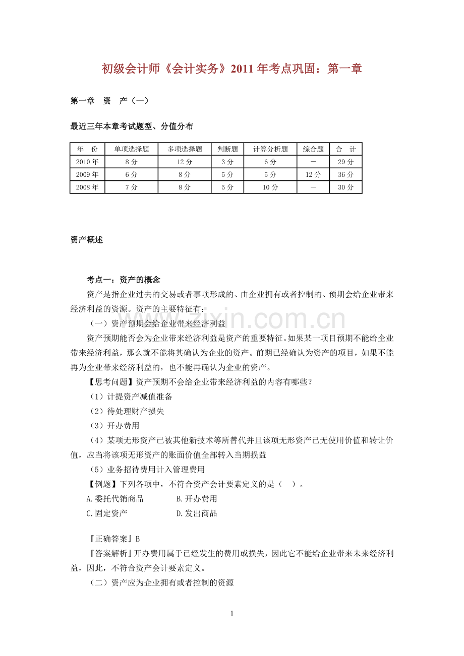 初级会计师《会计实务》2011年考点巩固：第一章.doc_第1页