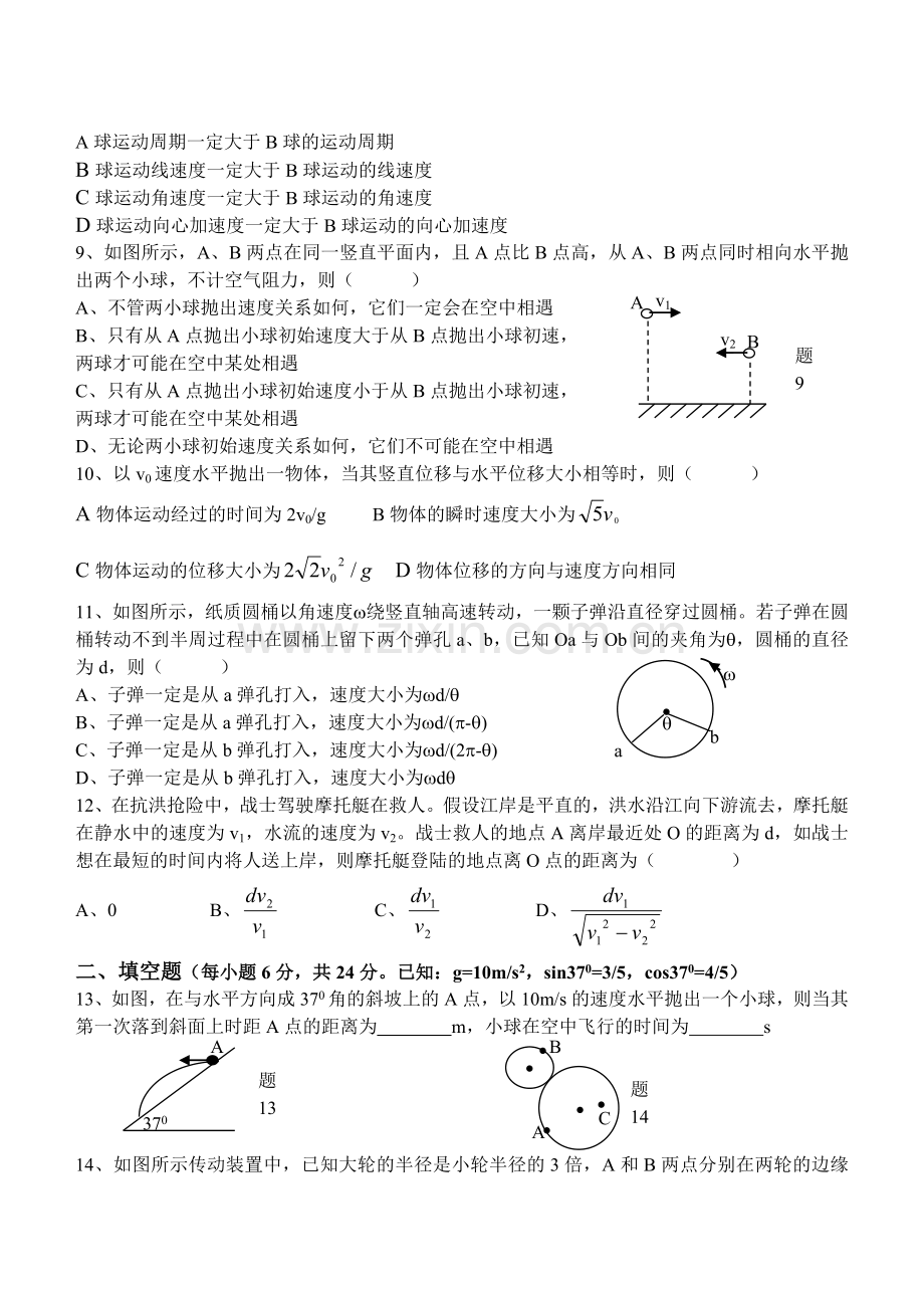 高一物理必修2第五章(曲线运动)测试卷.doc_第2页