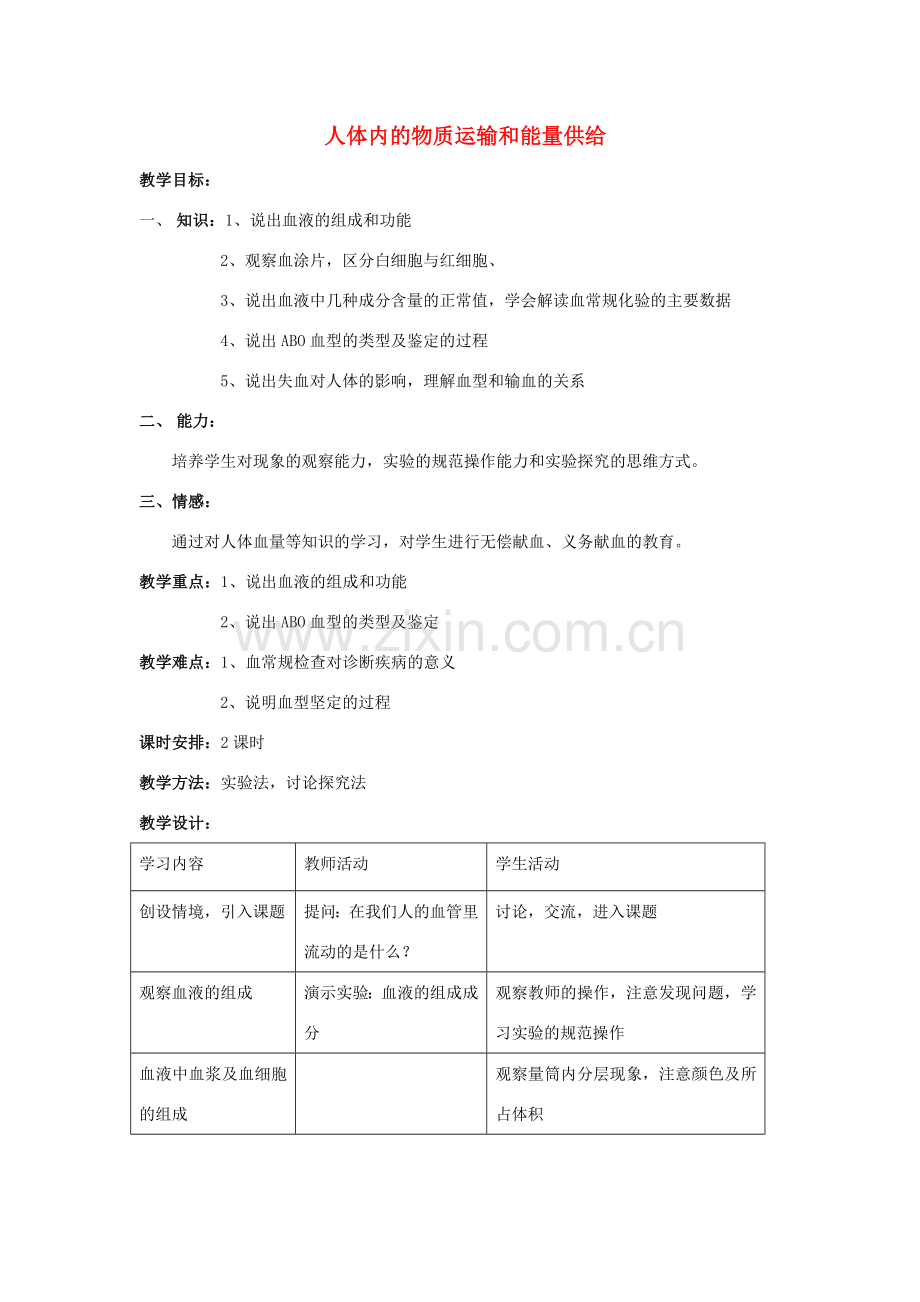 七年级生物下册 第10章 人体内物质运输和能量供给教案 苏教版 （新版）新人教版-（新版）新人教版初中七年级下册生物教案.doc_第1页