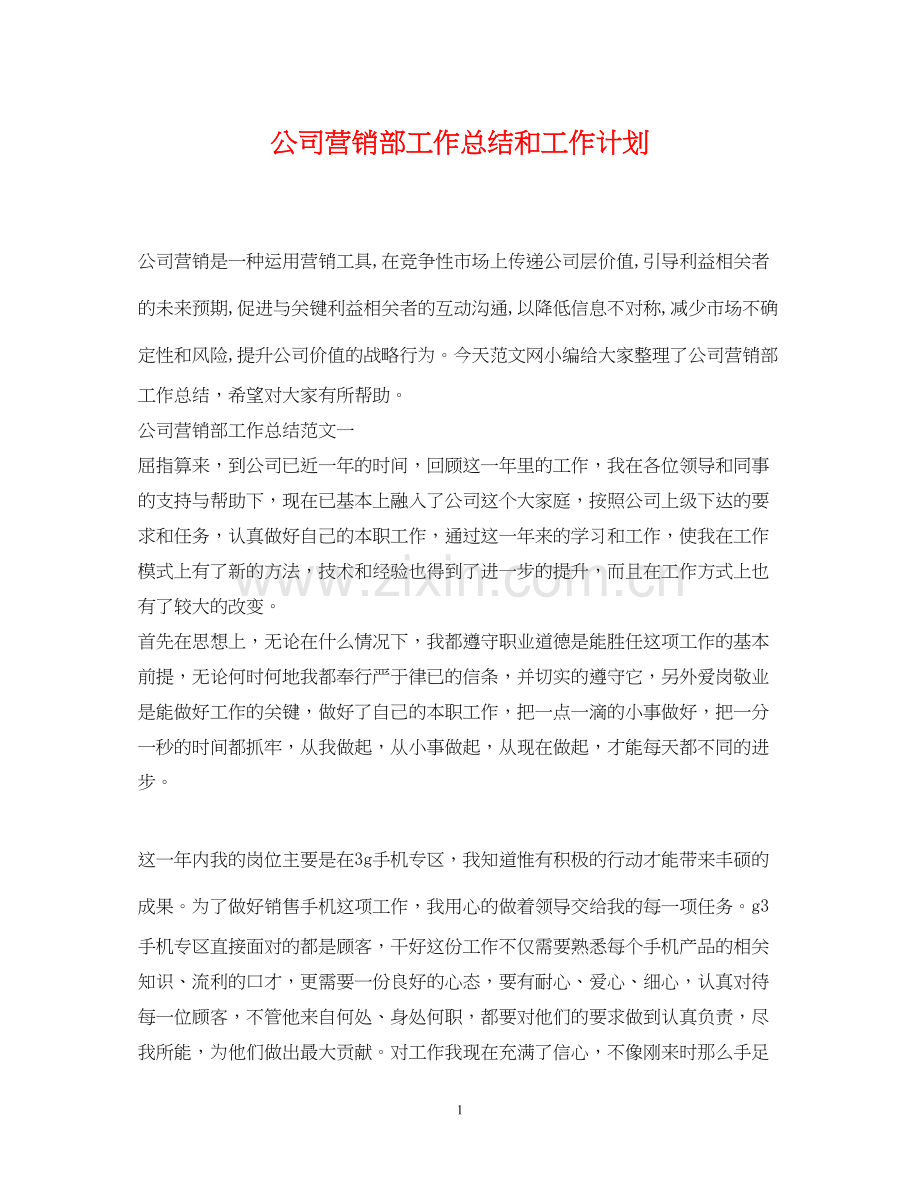 公司营销部工作总结和工作计划.docx_第1页