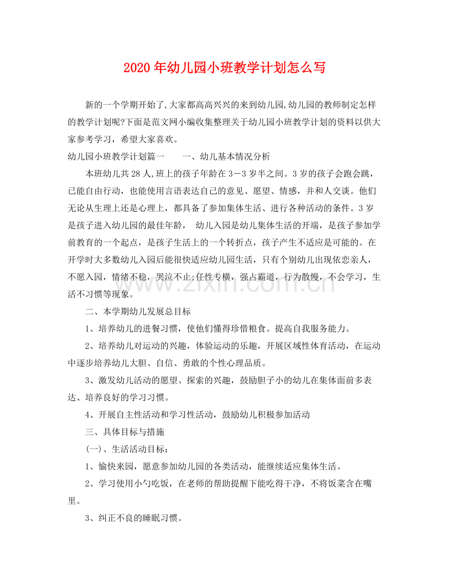 2020年幼儿园小班教学计划怎么写.docx_第1页