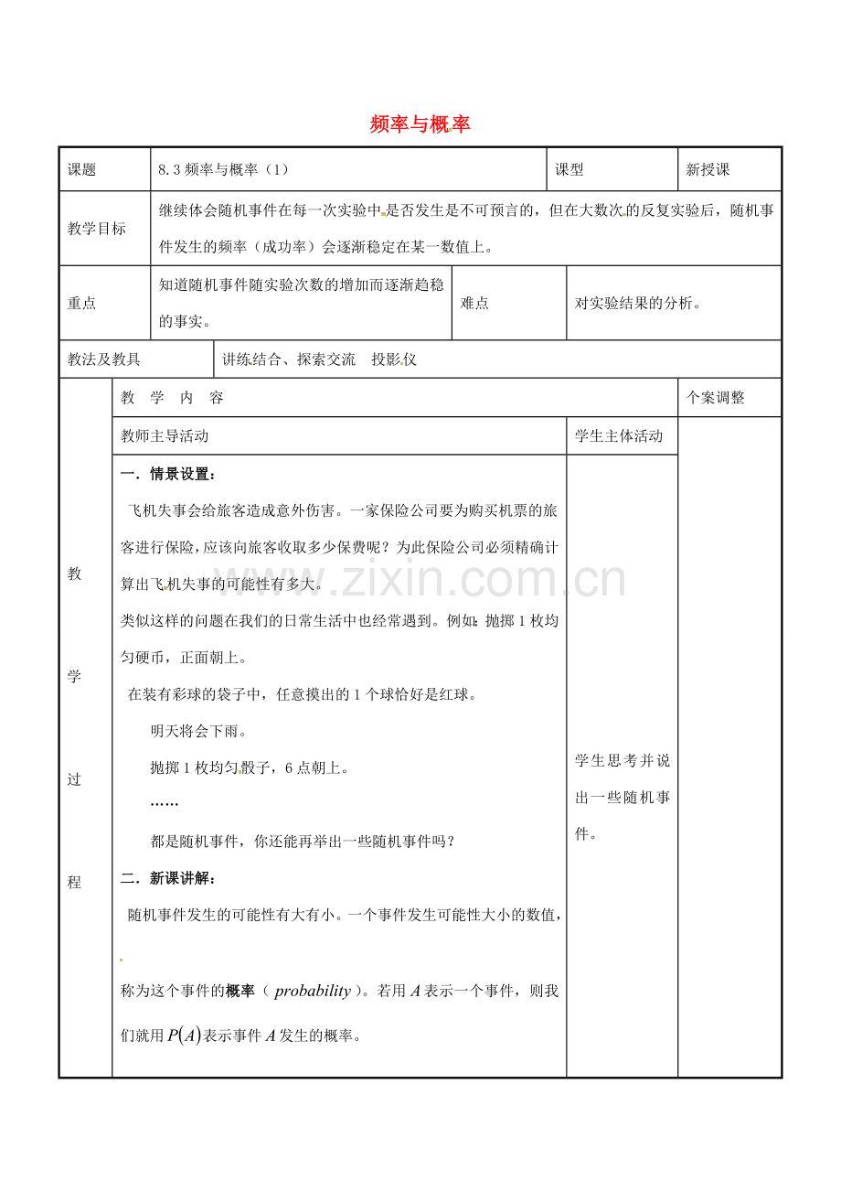 八年级数学下册 8.3 频率与概率教案1 （新版）苏科版-（新版）苏科版初中八年级下册数学教案.doc_第1页