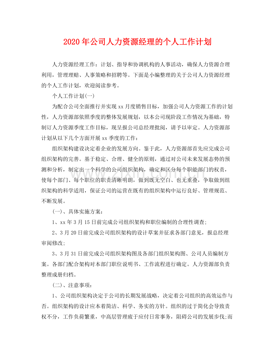 2020年公司人力资源经理的个人工作计划.docx_第1页