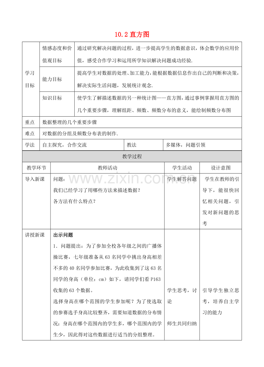 七年级数学下册 10.2 直方图教学设计 （新版）新人教版-（新版）新人教版初中七年级下册数学教案.doc_第1页