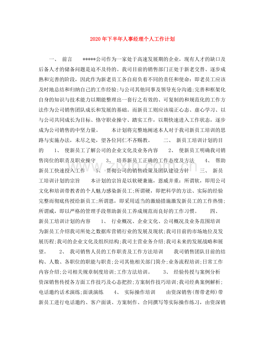 2020年下半年人事经理个人工作计划.docx_第1页