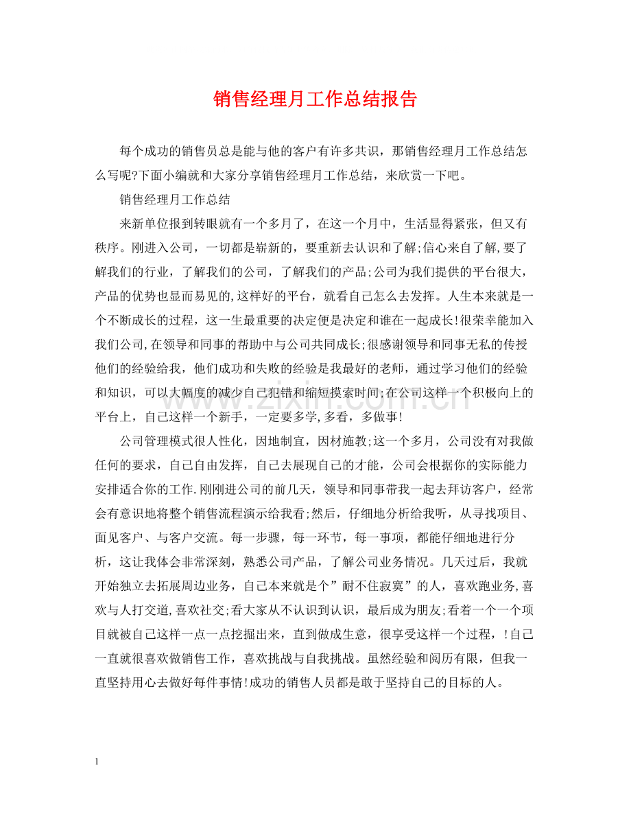 销售经理月工作总结报告.docx_第1页