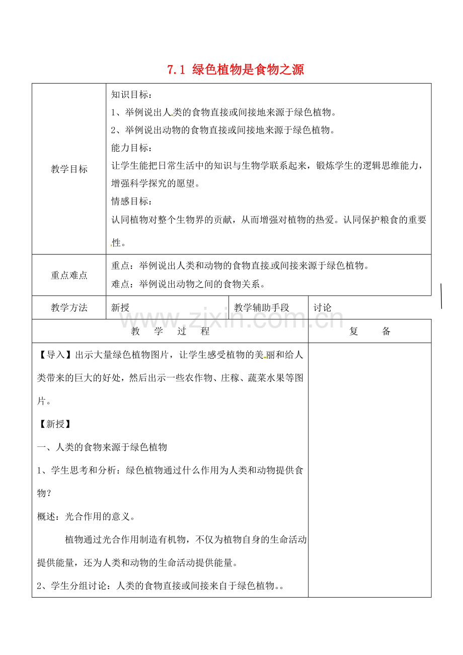 江苏省南京市上元中学七年级生物上册 7.1 绿色植物是食物之源教案 苏教版.doc_第1页