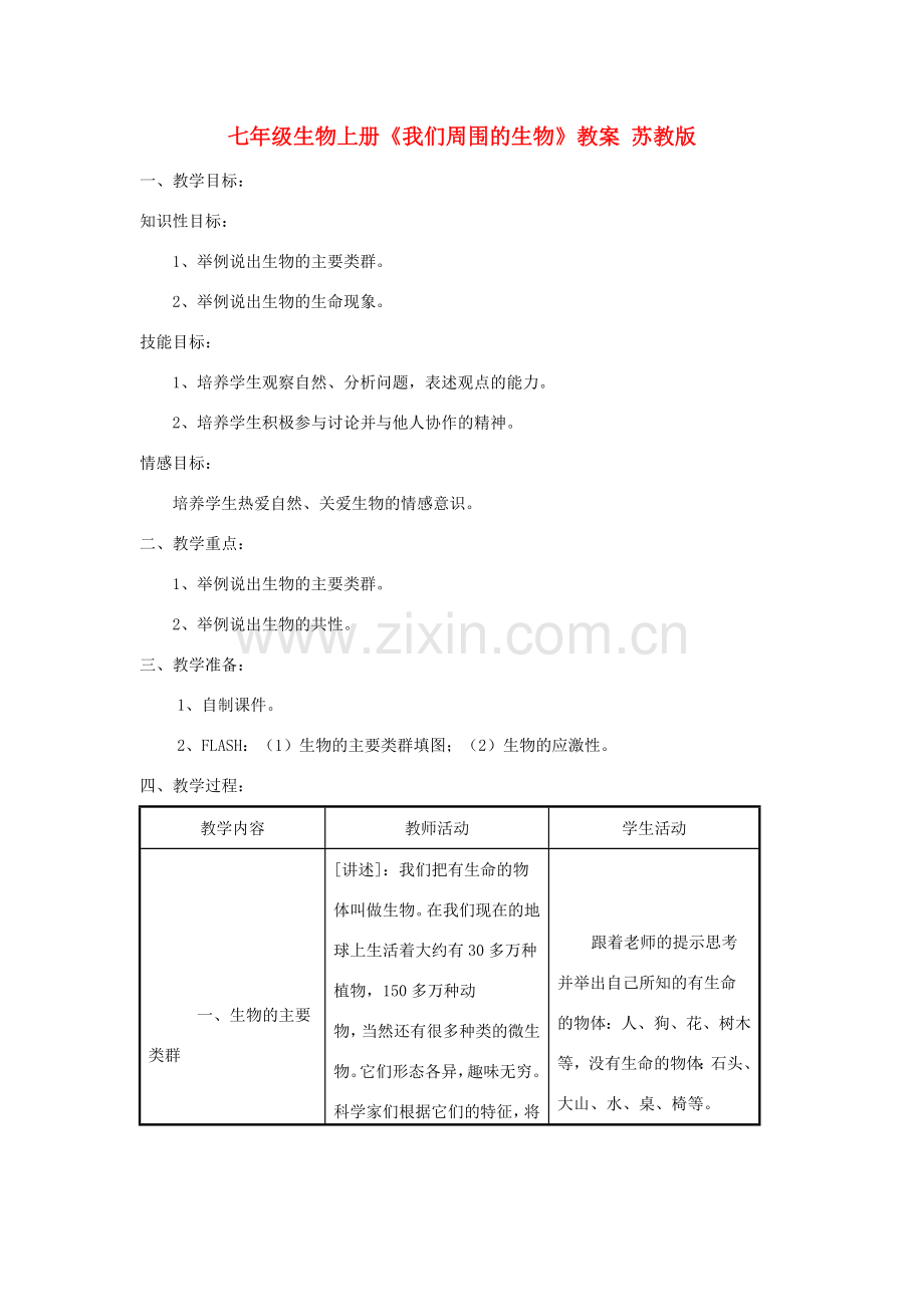 七年级生物上册《我们周围的生物》教案 苏教版.doc_第1页