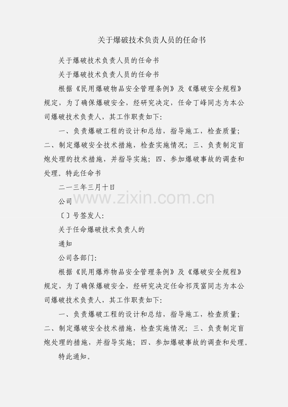 关于爆破技术负责人员的任命书.docx_第1页