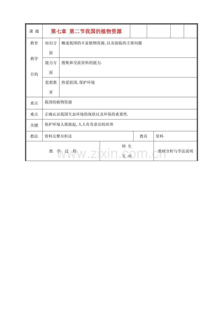 七年级生物上册《我国的植物资源》教案1 北师大版.doc_第1页