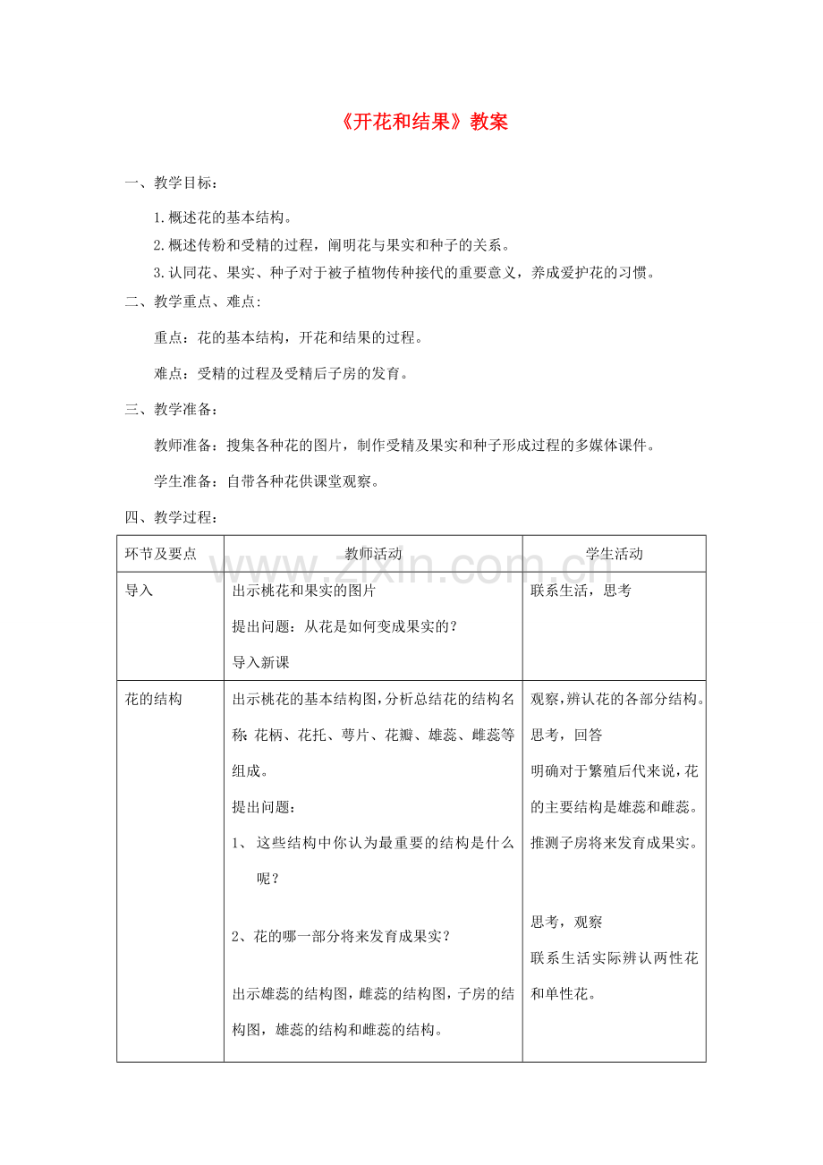 七年级生物上册 第三单元 第二章 第三节《开花和结果》教案 （新版）新人教版-（新版）新人教版初中七年级上册生物教案.doc_第1页