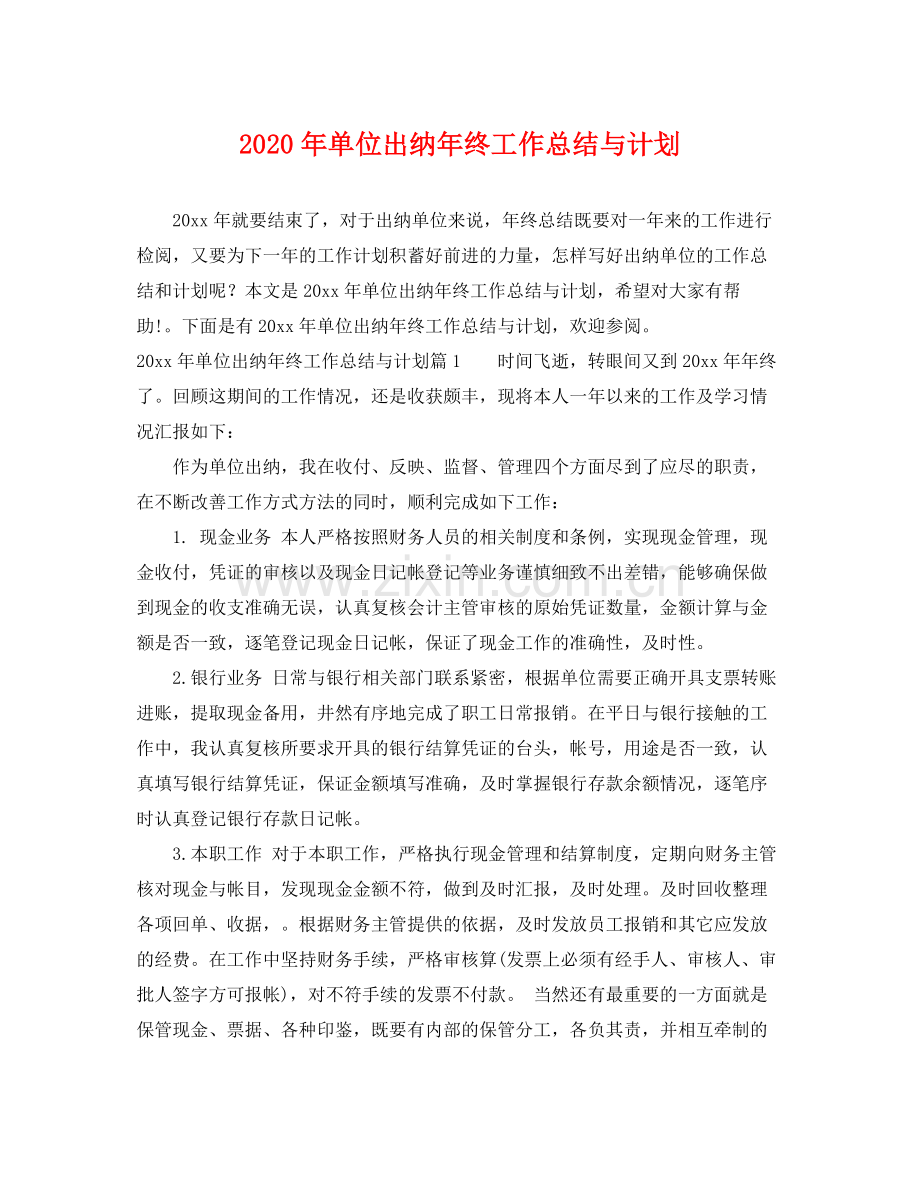 2020年单位出纳年终工作总结与计划.docx_第1页