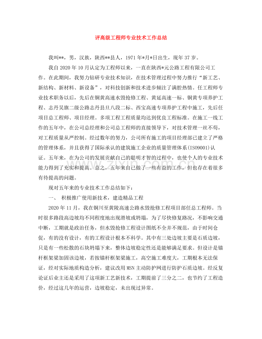 评高级工程师专业技术工作总结.docx_第1页