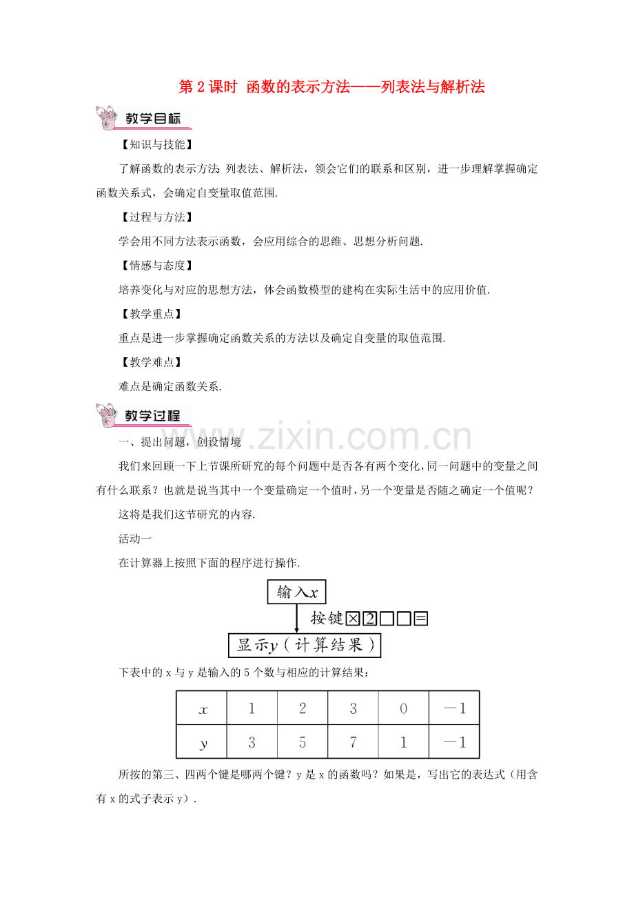 八年级数学上册 第12章 一次函数12.1 函数第2课时 函数的表示方法——列表法与解析法教案 （新版）沪科版-（新版）沪科版初中八年级上册数学教案.doc_第1页