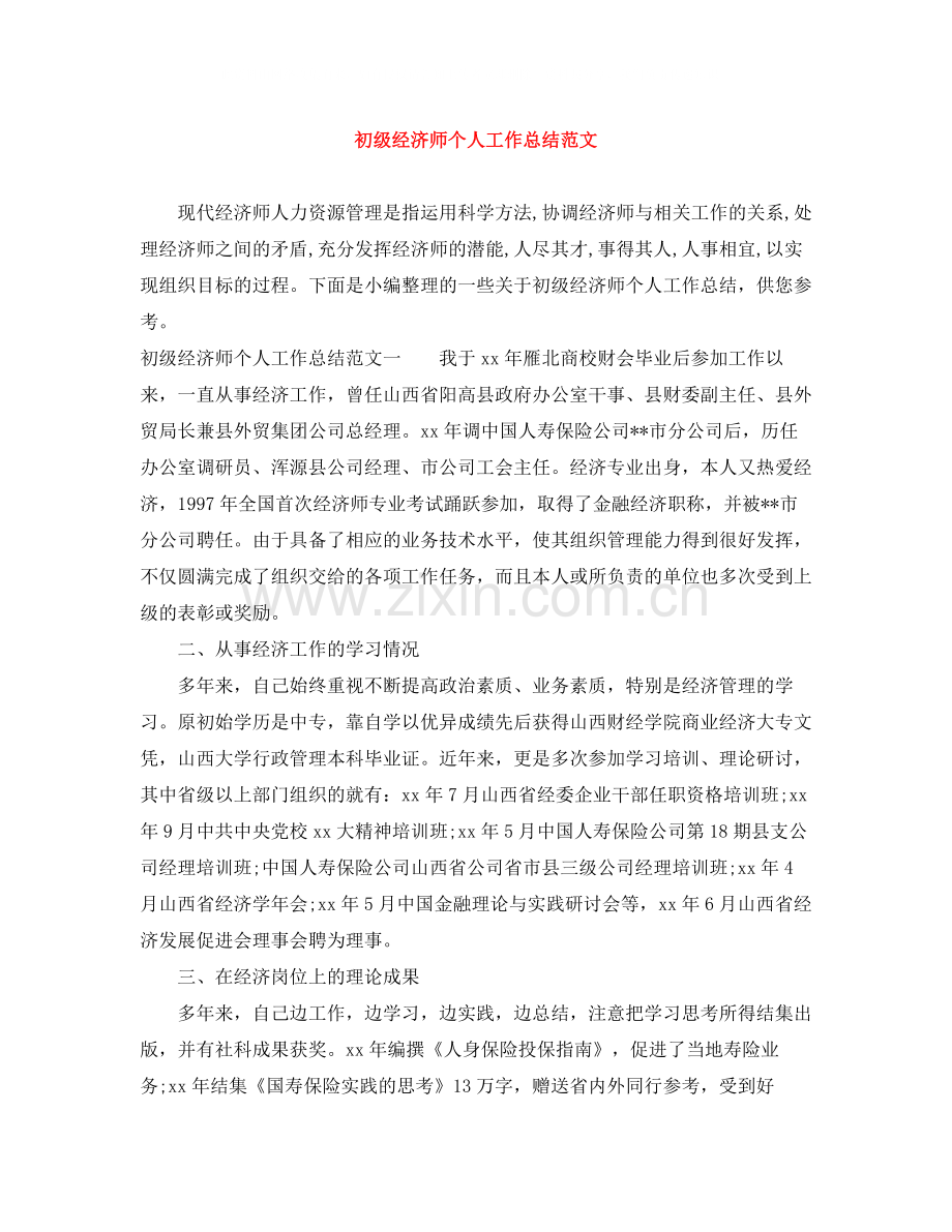 初级经济师个人工作总结范文.docx_第1页