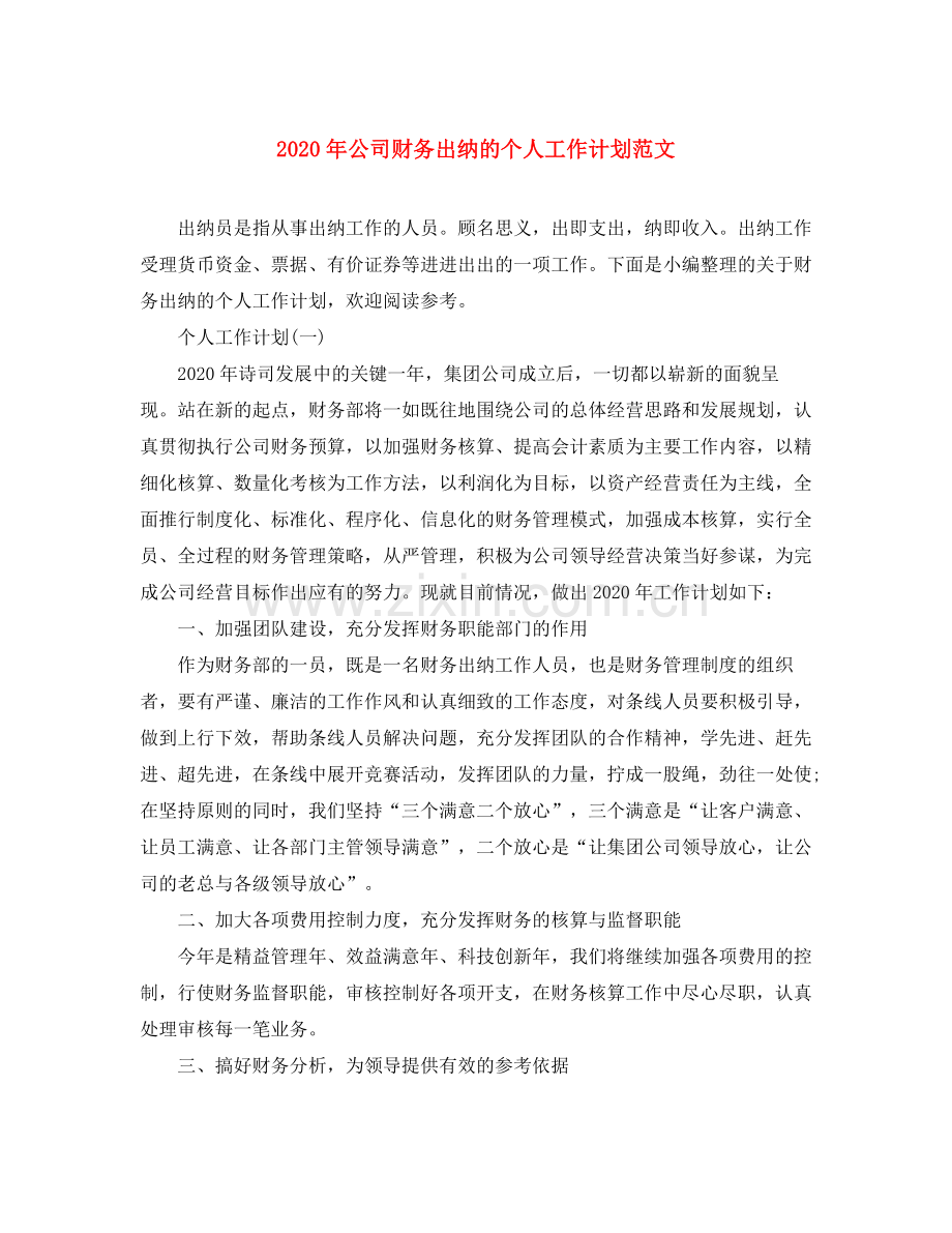 2020年公司财务出纳的个人工作计划范文.docx_第1页