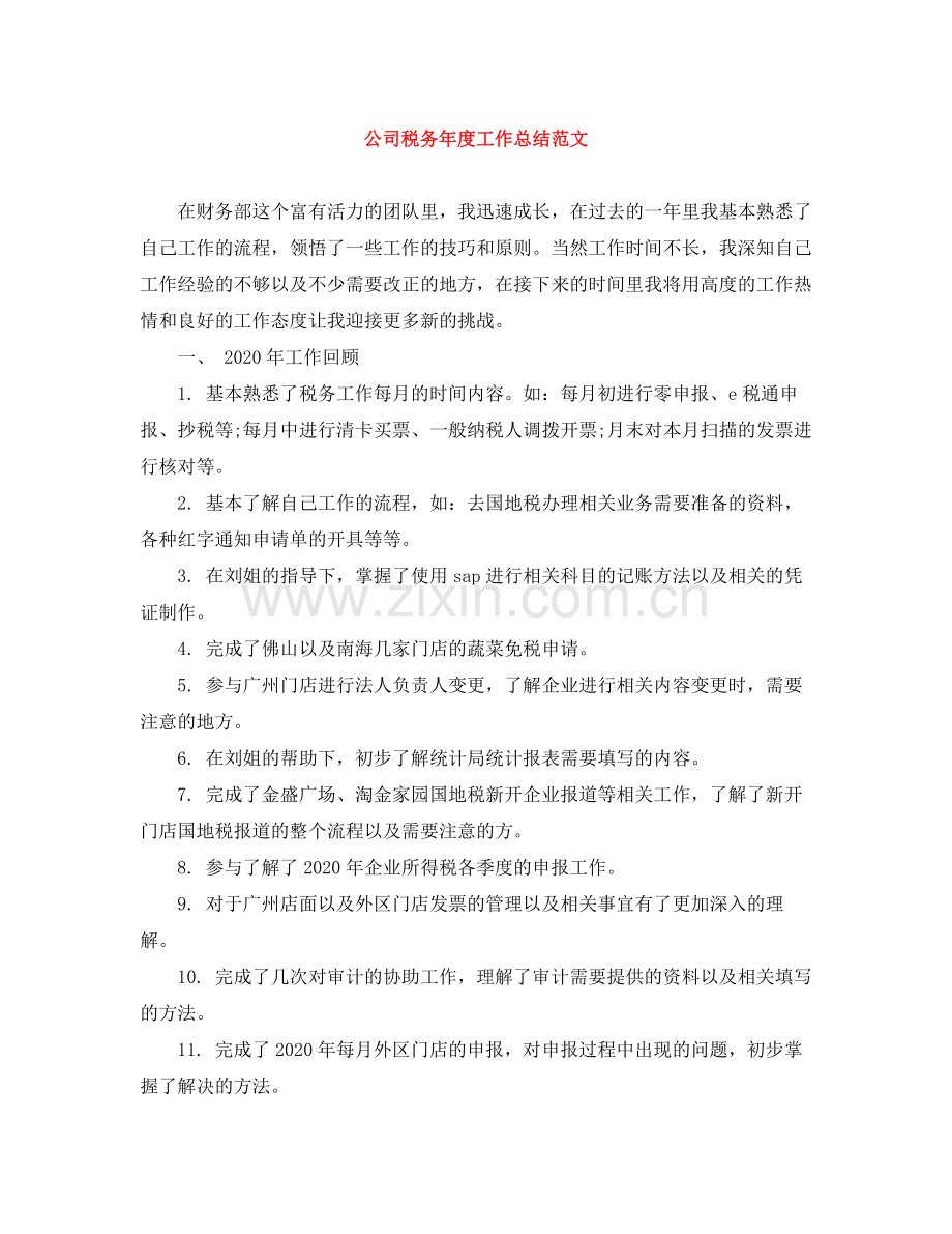 公司税务年度工作总结范文.docx_第1页