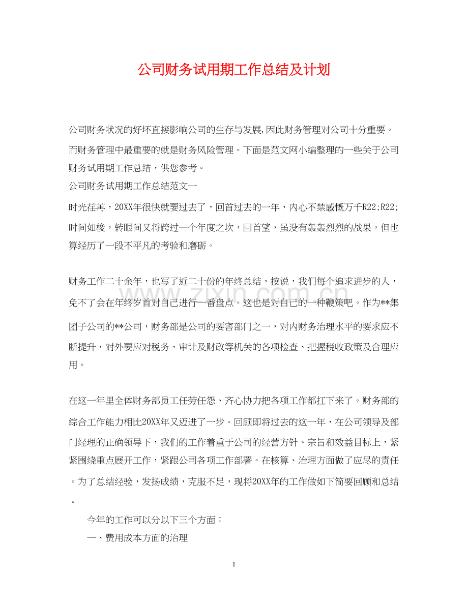 公司财务试用期工作总结及计划.docx_第1页