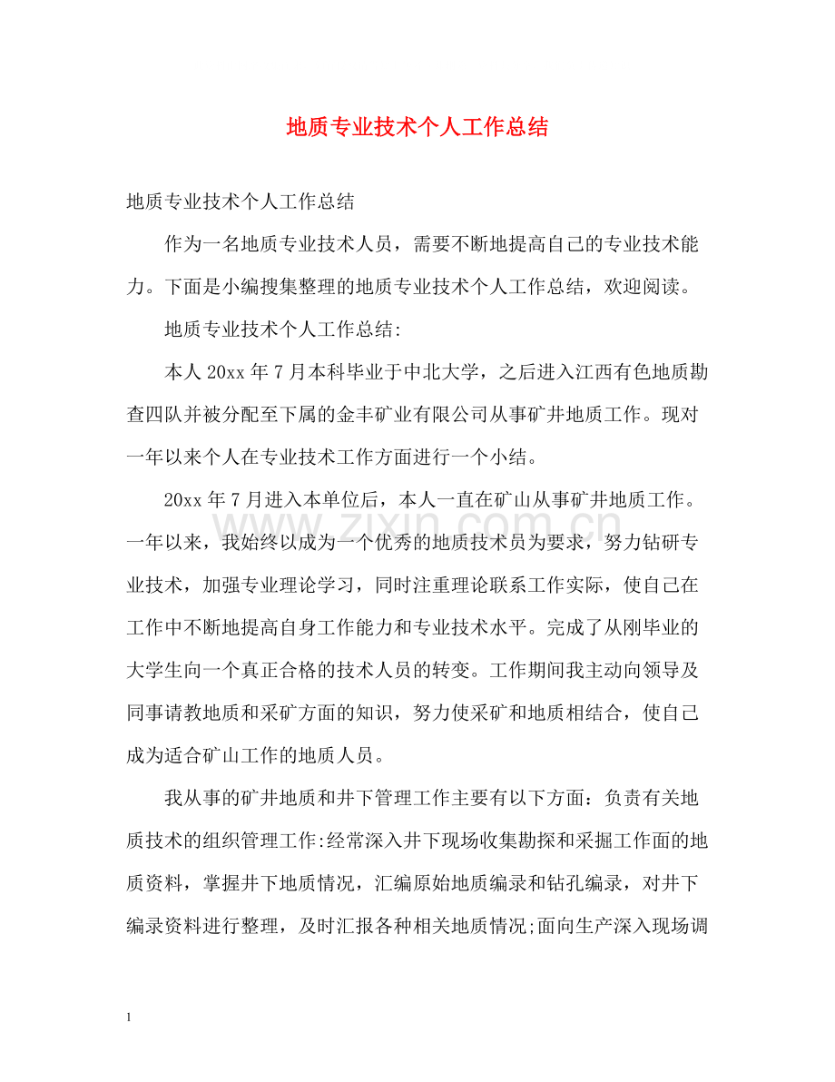 地质专业技术个人工作总结2).docx_第1页