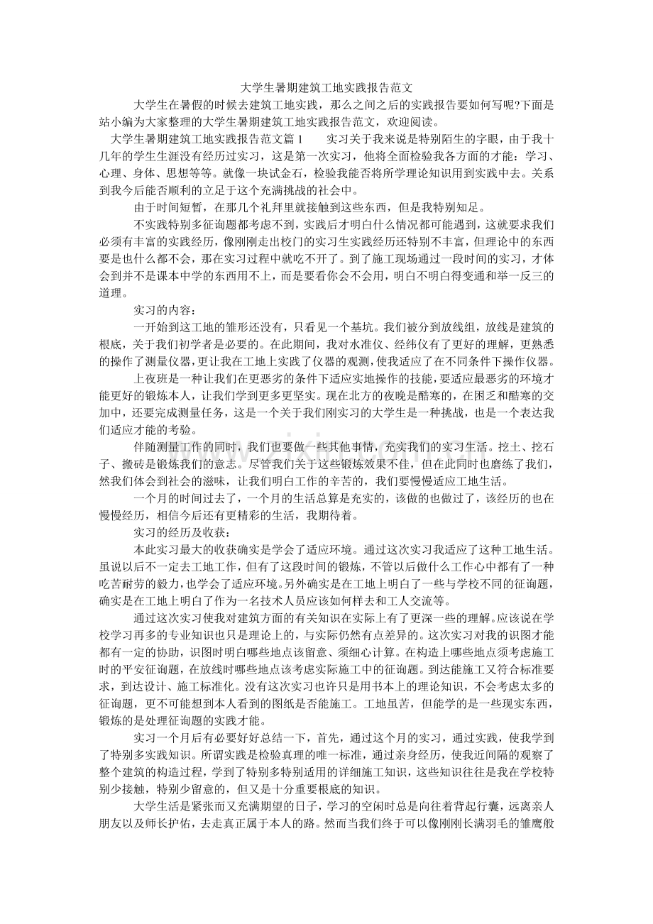 大学生暑期建筑工地实践报告范文.doc_第1页