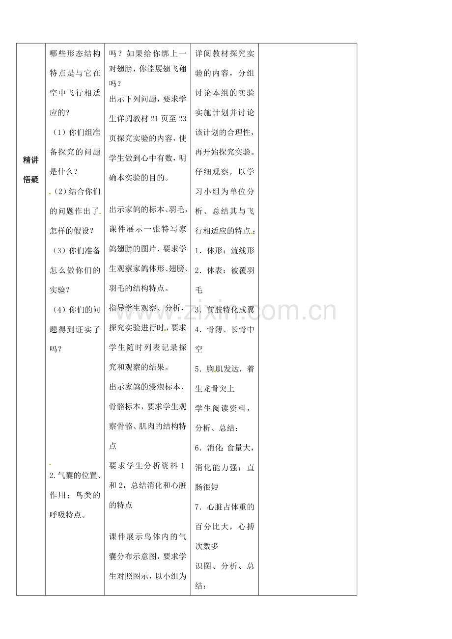 山东省宁阳县第二十五中学八年级生物上册《第五单元 第一章 第六节 鸟（第一课时）》教案 （新版）新人教版.doc_第3页