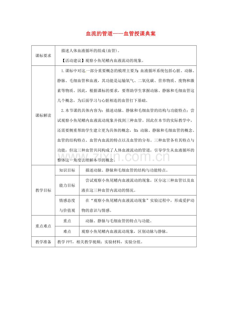 七年级生物下册 第四单元 第四章 第二节 血流的管道——血管授课典案 （新版）新人教版-（新版）新人教版初中七年级下册生物教案.doc_第1页