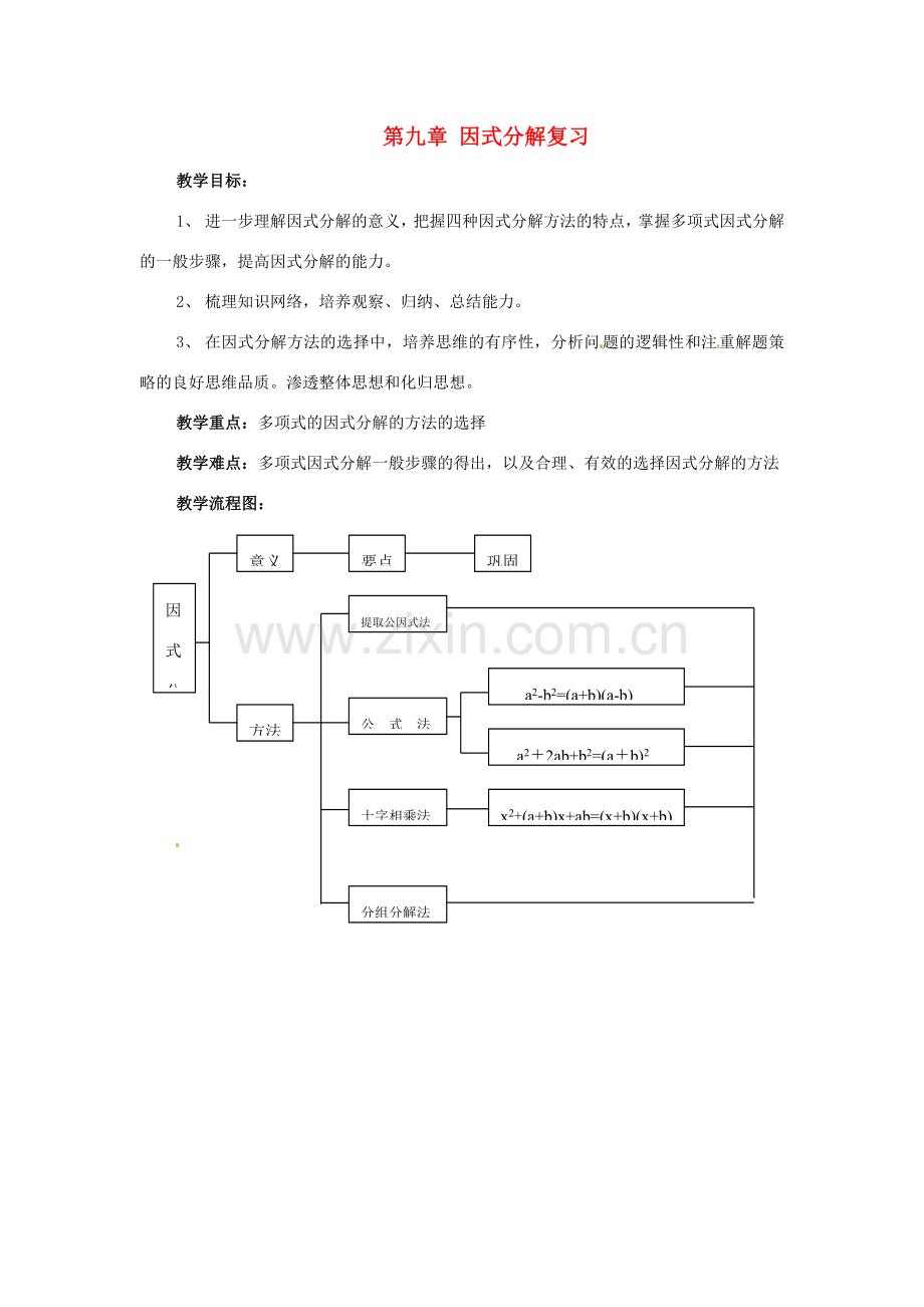 七年级数学下册 第九章《因式分解》复习教案 北京课改版.doc_第1页