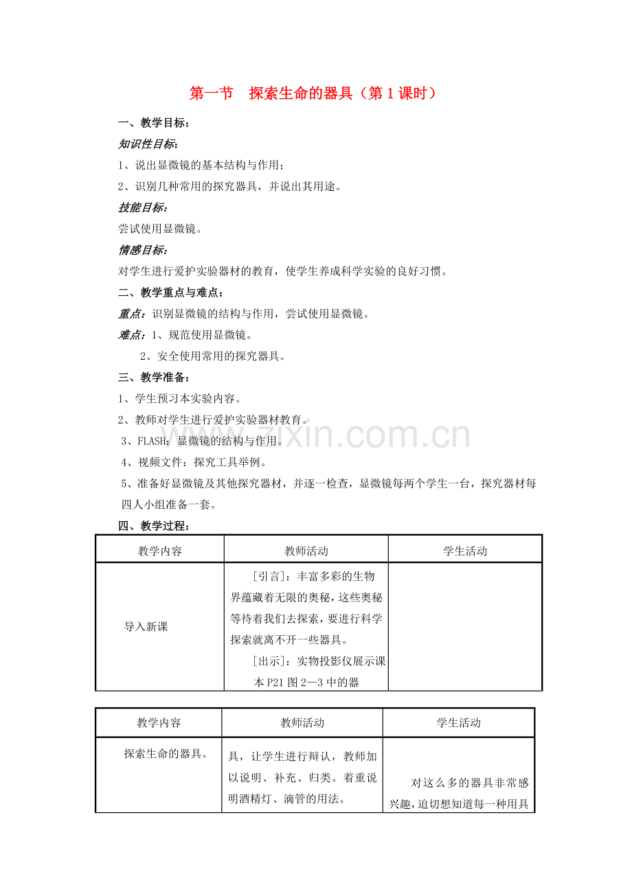 七年级生物上册《探索生命的器具》教案苏教版.doc_第1页