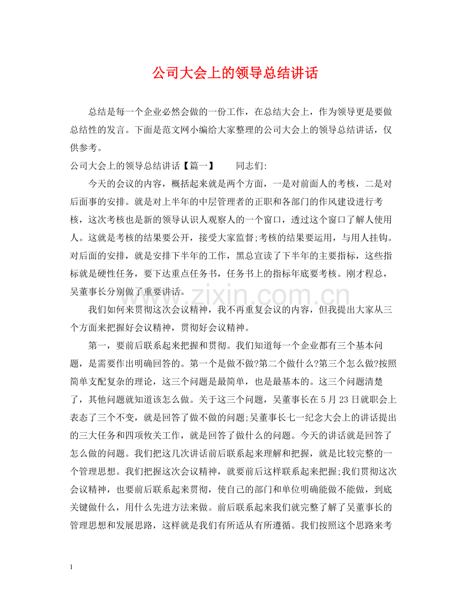 公司大会上的领导总结讲话.docx_第1页