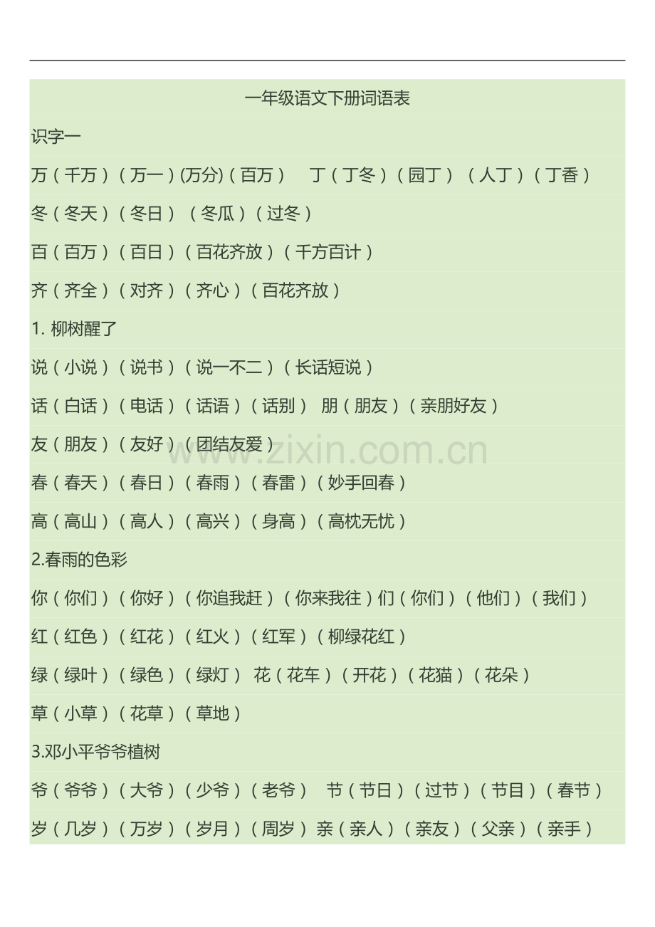 人教版一年级语文下册词语复习.doc_第1页