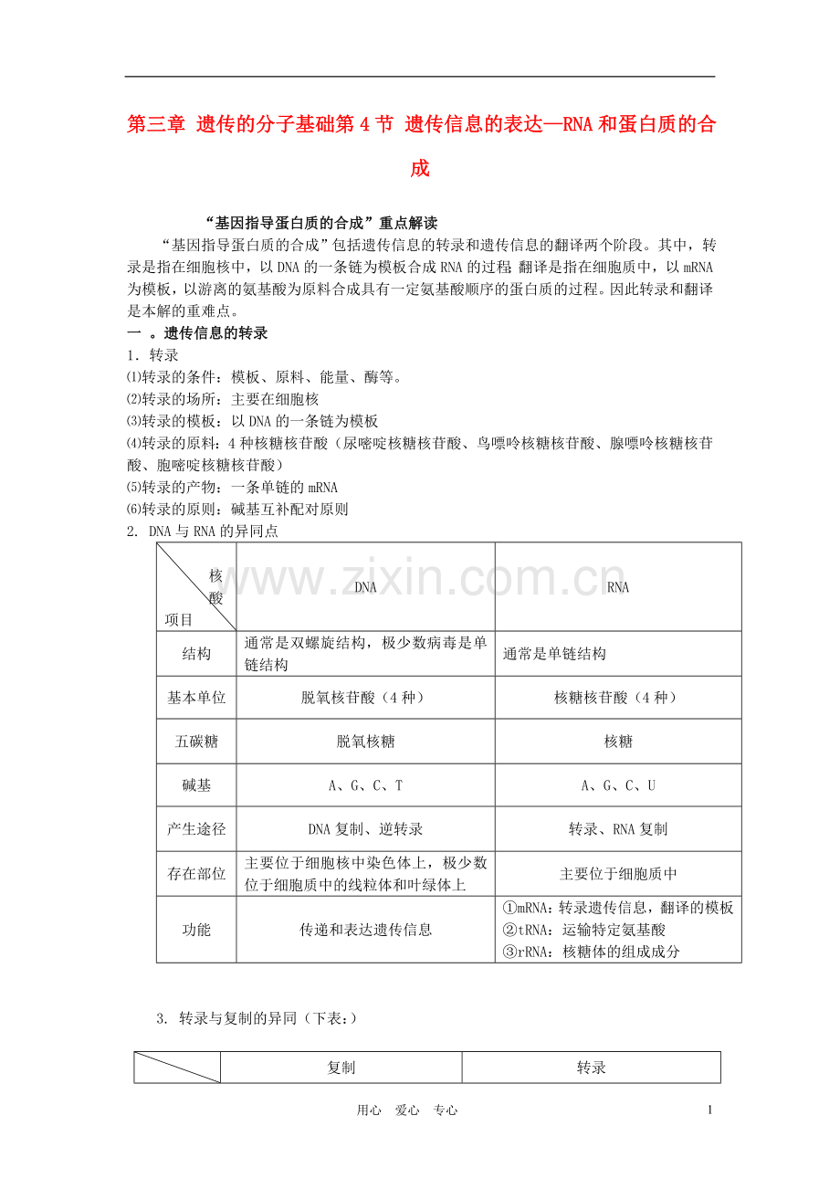 高中生物-第三章-遗传的分子基础-第四节-遗传信息的表达――RNA和蛋白质的合成同步素材--浙科版必修2.doc_第1页